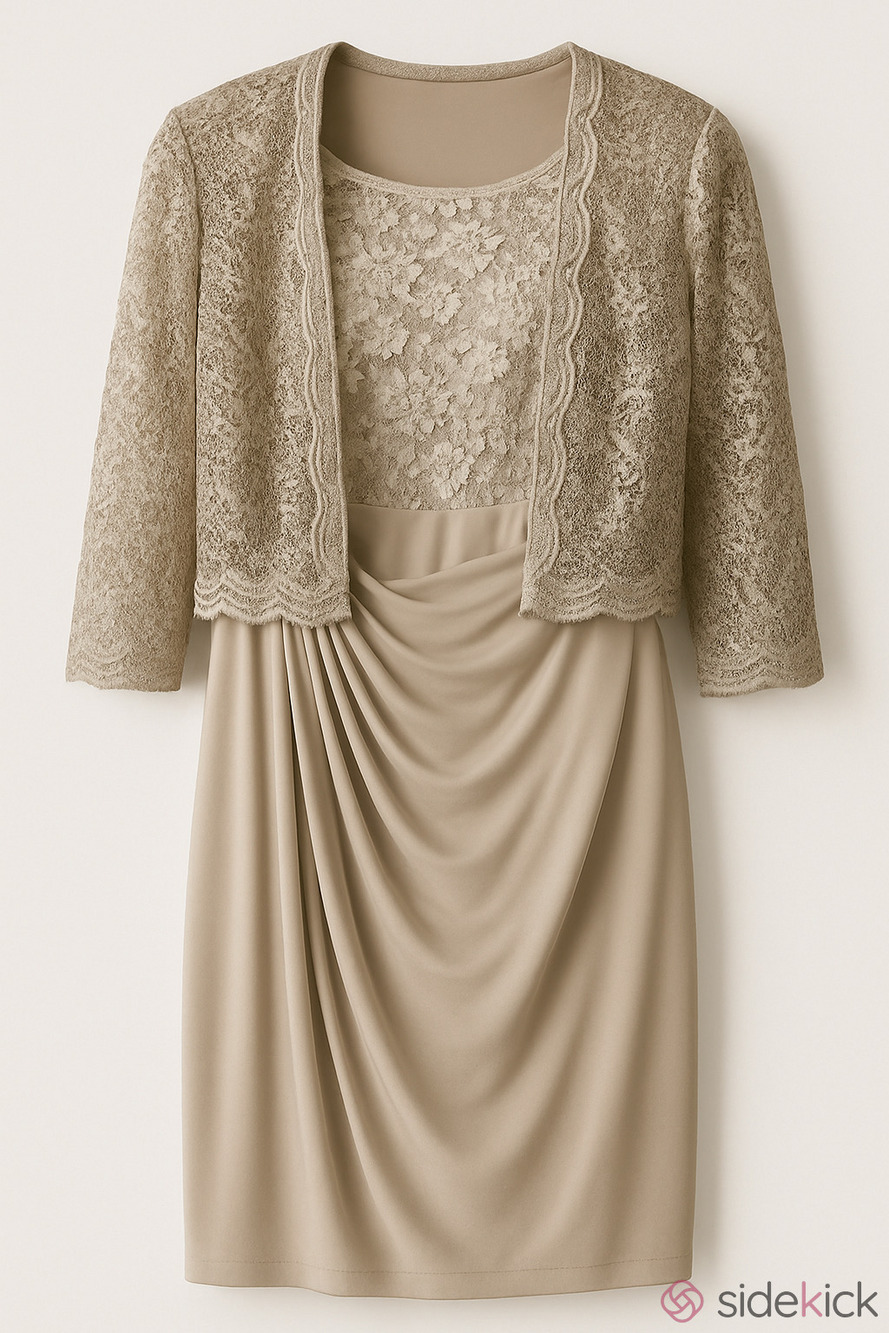 Two-Piece Beige Lace & Ruched Dress With Sequin Details - Size 16W  Connected Ap